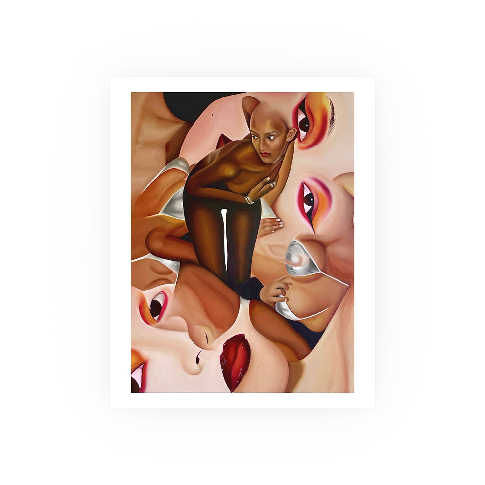 Abstract surreal oil painting print including two hyperrealistic portraits with an portrayal of a woman in the center of the artwork.