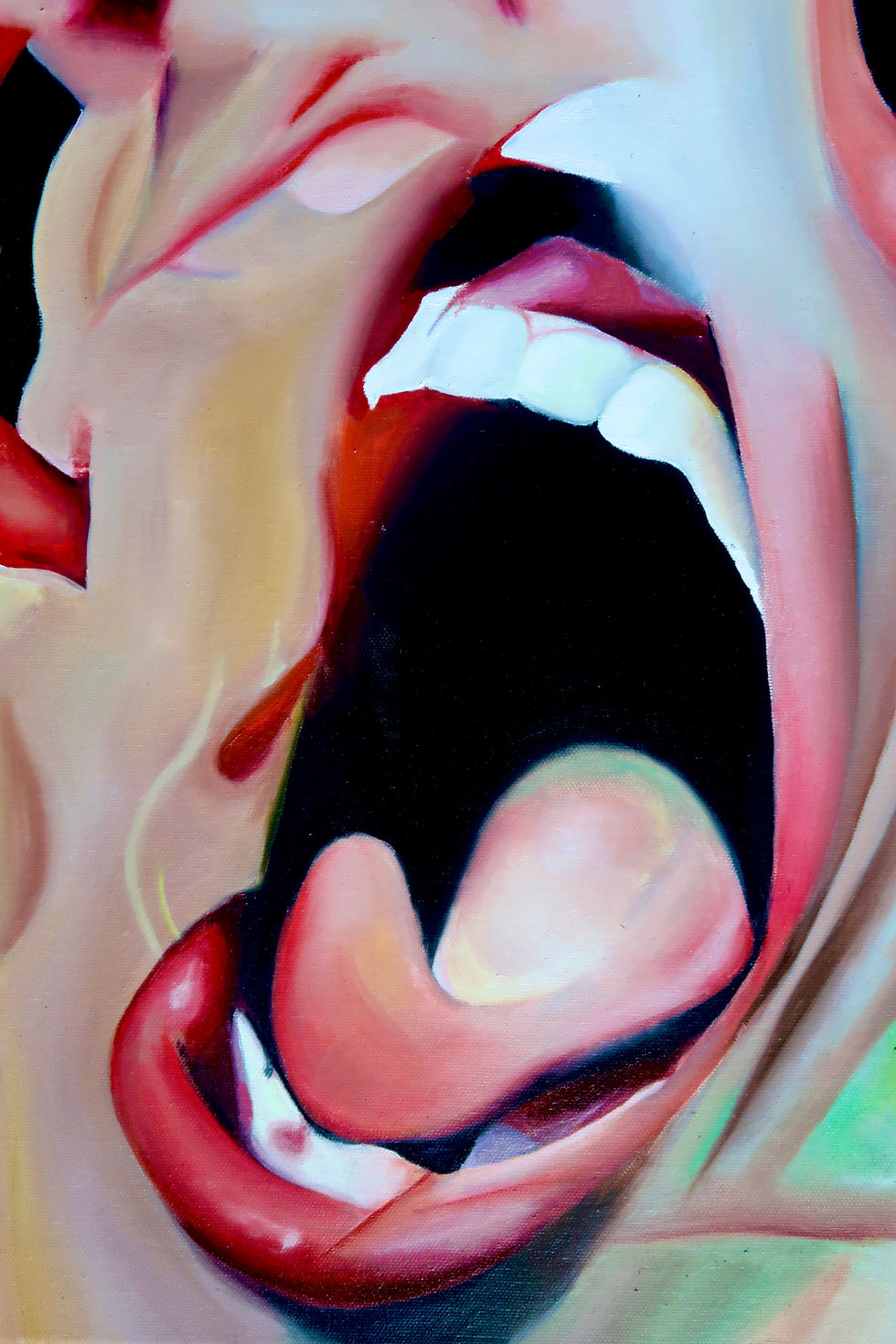 Thumbnail: Suckfick is a visceral exploration of the mind's darker, more invasive moments. The distorted face, caught in an unsettling scream, reflects the overwhelming nature of intrusive thoughts—the kind that distort perception and invade the quiet spaces of the mind. Through bold, chaotic brushstrokes and intense expression, this painting captures the suffocating feeling of being consumed by one’s own thoughts, revealing the tension between internal struggle and external reality. It is both a reflection of inner turmoil and a visual manifestation of mental dissonance.