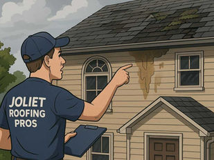 A contractor from Joliet Roofing Pros points at visible roof damage on a two-story home, showing moss growth, water stains, and missing shingles.
