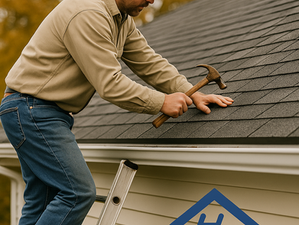 An Evanston Safe Roofing's contractor climbs a ladder and uses a hammer to secure asphalt shingles on a residential roof during autumn, with the company’s logo visible in the corner.
