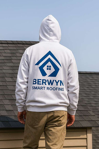 Berwyn Smart Roofing worker standing on a shingle roof, wearing a white hoodie with blue Berwyn Smart Roofing logo featuring a house and roof design.