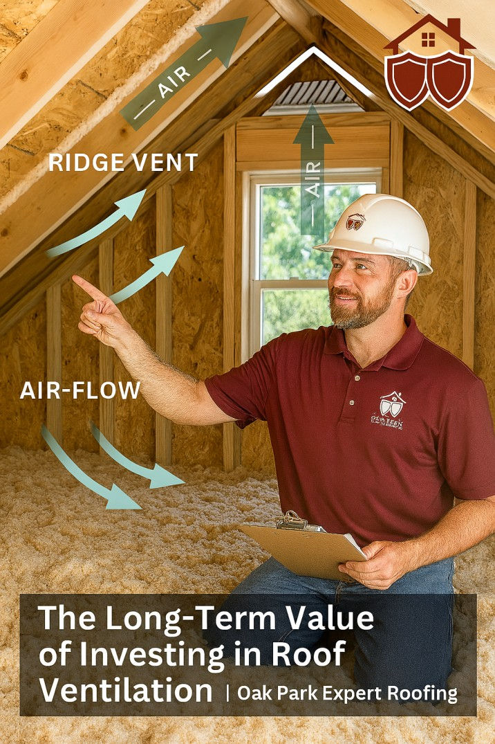 Attic in Oak Park home showing soffit and ridge vents, with a roofer from Oak Park Expert Roofing inspecting the ventilation system.