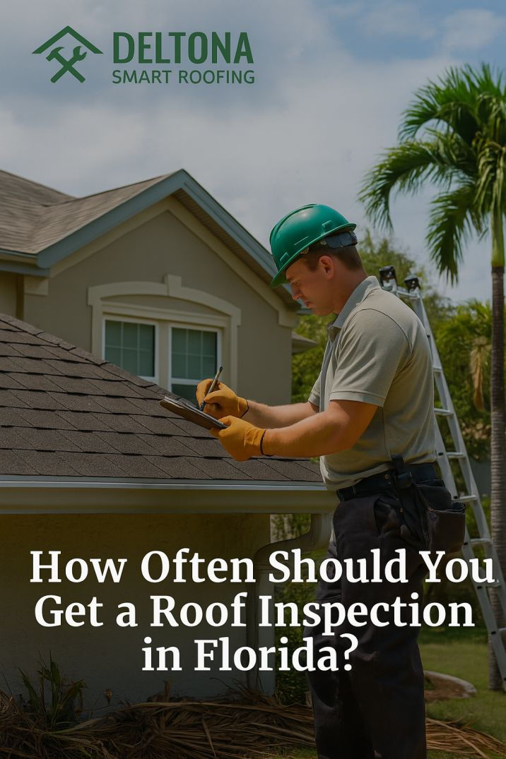 A residential home in Deltona, Florida with palm trees in the background and partly cloudy skies. A roofer from Deltona Smart Roofing is seen on the roof inspecting shingles and flashing while taking notes on a clipboard. A ladder leans against the house, and light storm debris is visible in one corner of the roof. The Deltona Smart Roofing logo is placed in the top corner, and the blog title “How Often Should You Get a Roof Inspection in Florida?” appears at the bottom in bold, professional font.