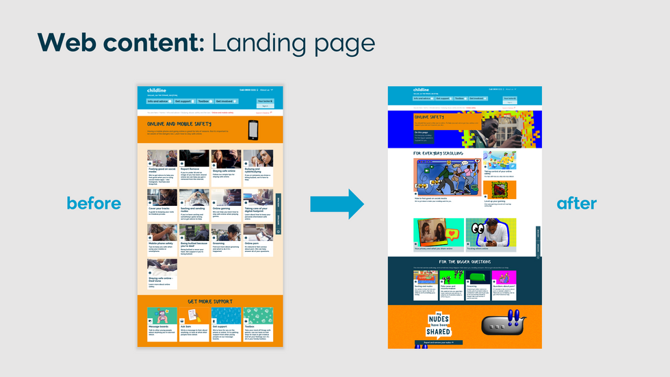 Before and after of the 'Online safety' landing page