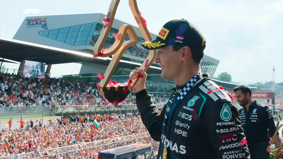 Credit: FORMULA 1. George Russell celebrates victory as he looks to shrink the now 40-point gap to teammate Kimi Antonelli.