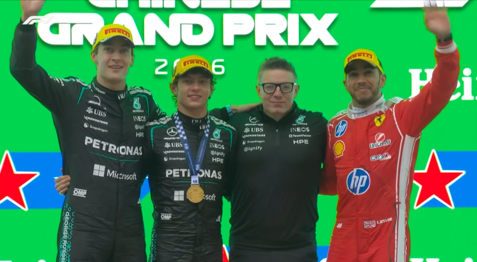 Credit: Sky Sports F1. The podium featured Russell, Antonelli, Hamilton and Peter Bonnington who has been race engineer to all three drivers.