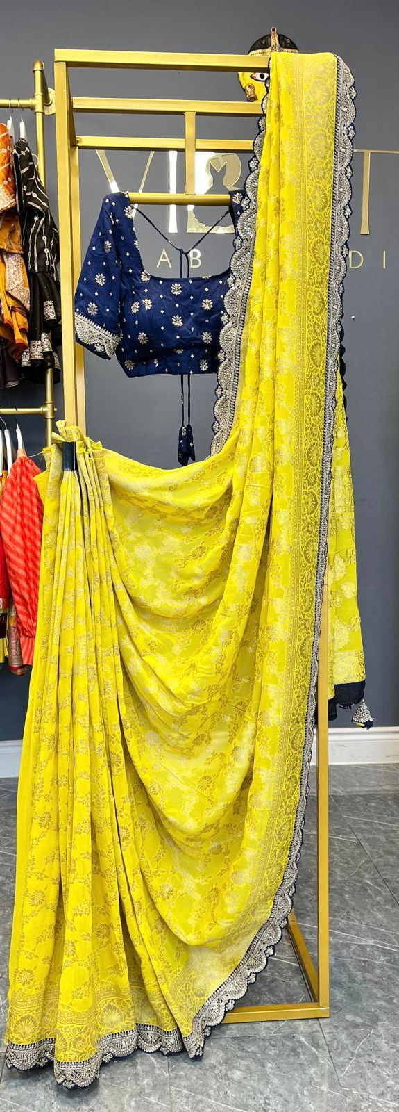 Thumbnail: Bright Yellow Banaras Georgette Saree With Scallop Lace Border And Blouse