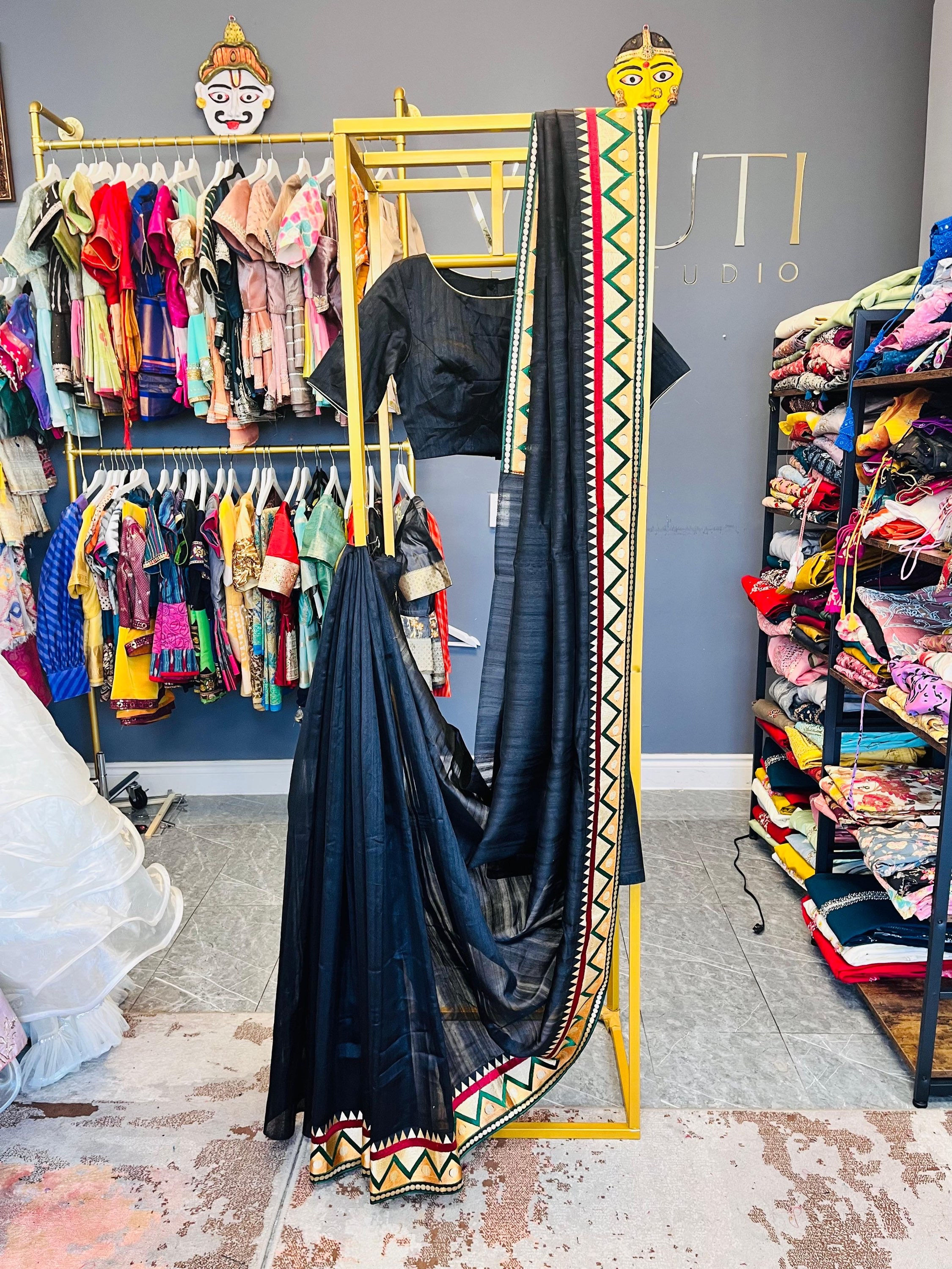 Raw Silk Saree With Contrast Border And Fully Stitched Blouse