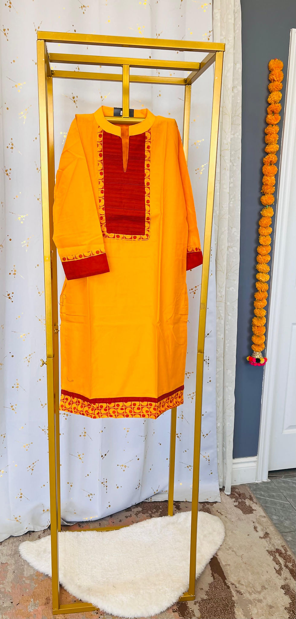 Yellow Cotton Kurti With Rich Maroon Accents