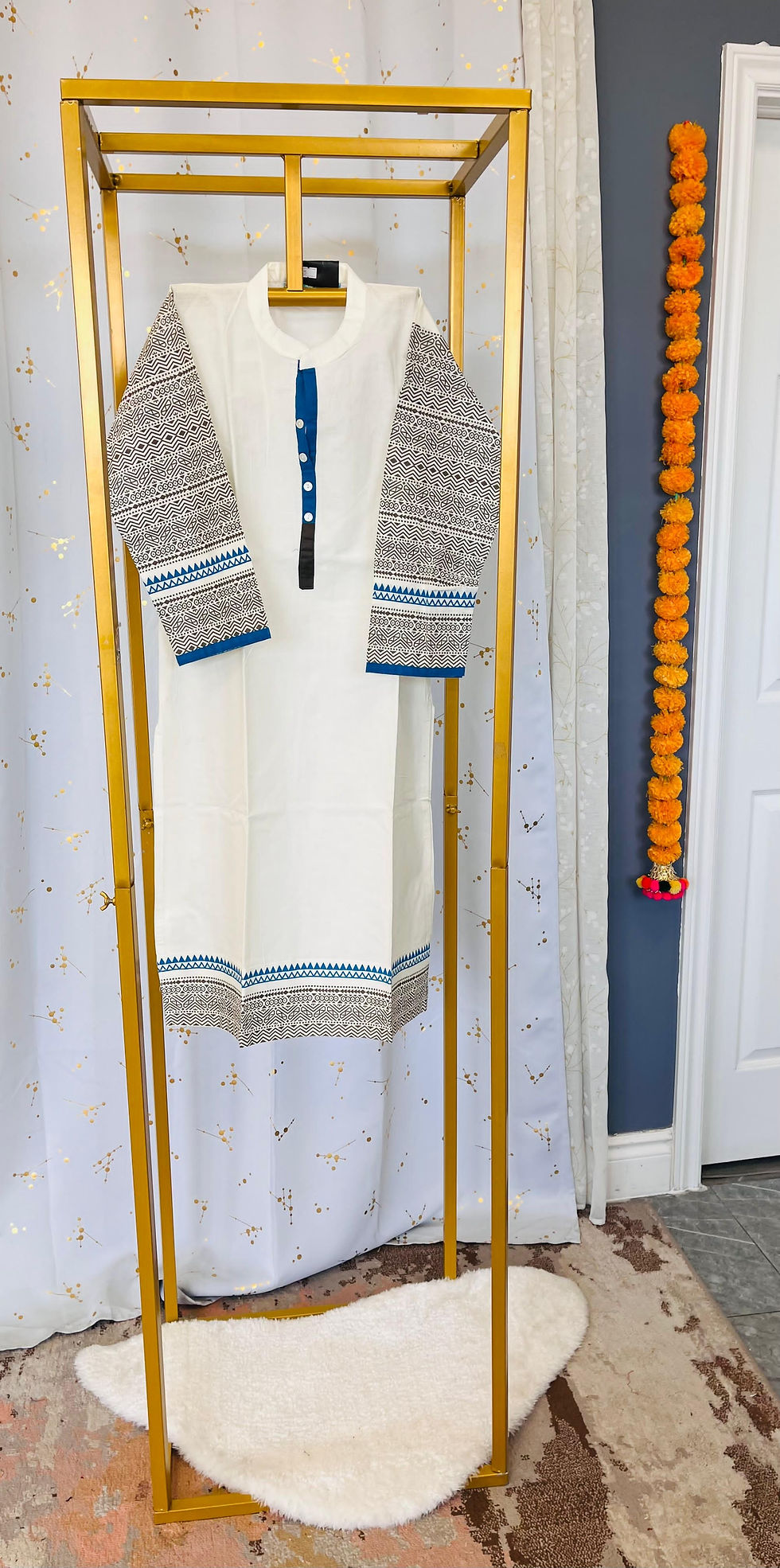 White & Blue Printed Cotton Kurti