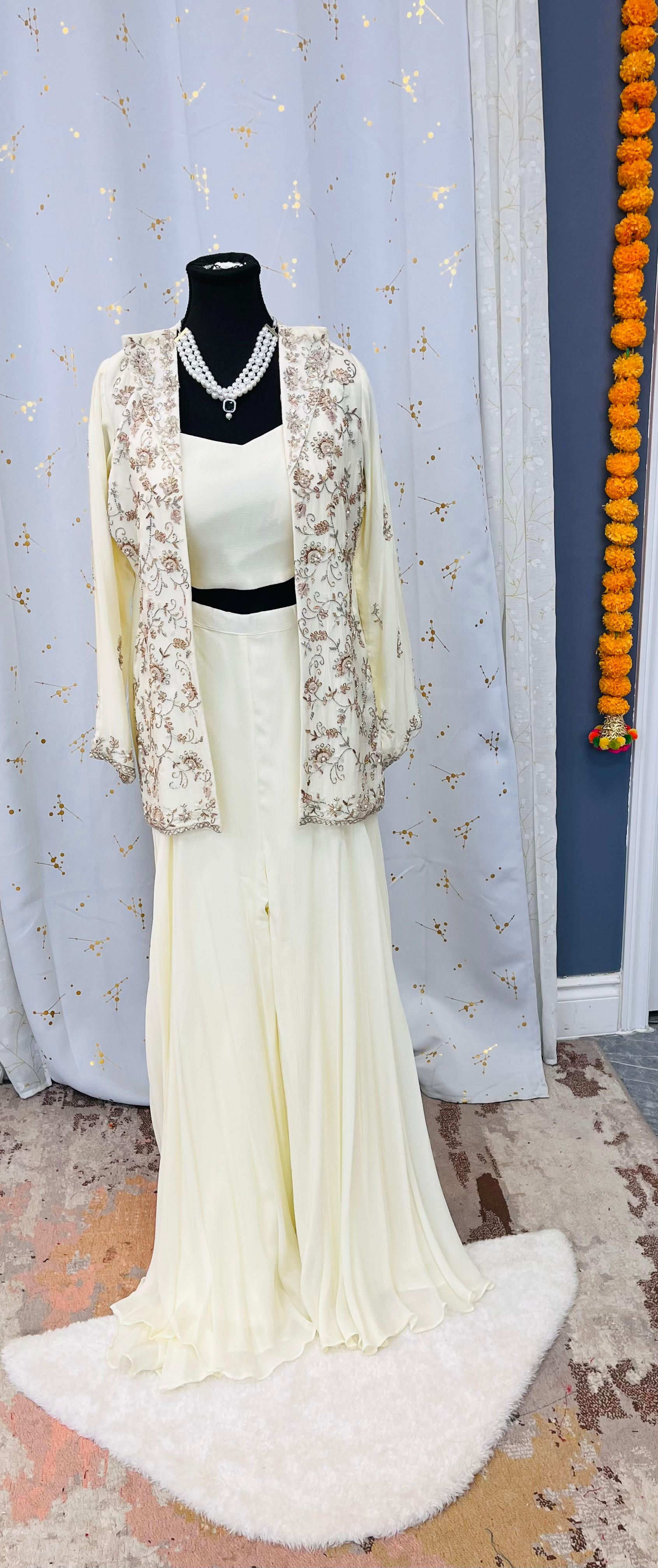 Elegant Crop Top Palazzo with Embroidered Coat