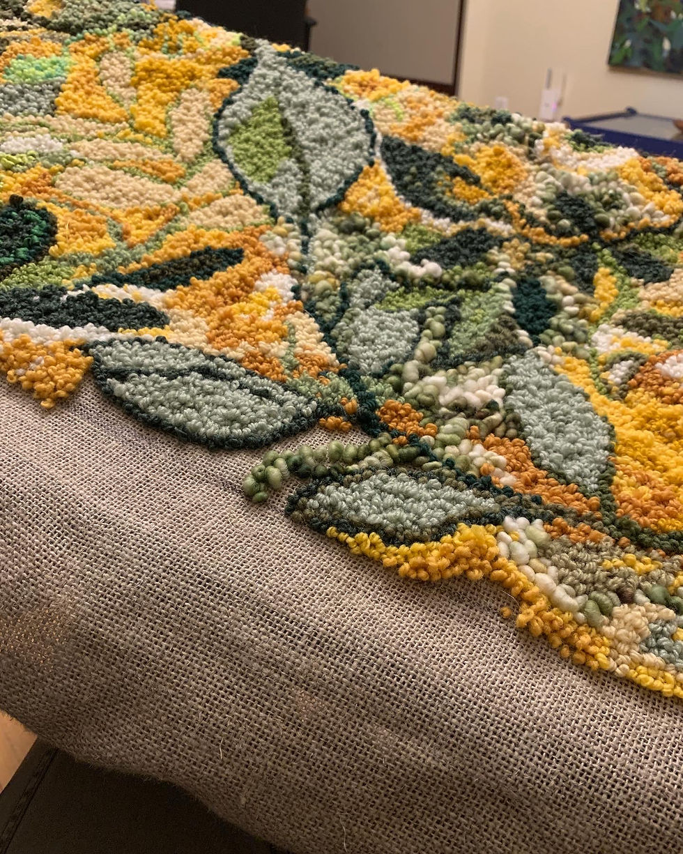 Thumbnail: in proces  garden shapes. Hand hooked by Canadian Landscape artist Holly Friesen