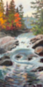 Vertical painting of stream pooling in a swirl by Canadian Landscape artist Holly Friesen
