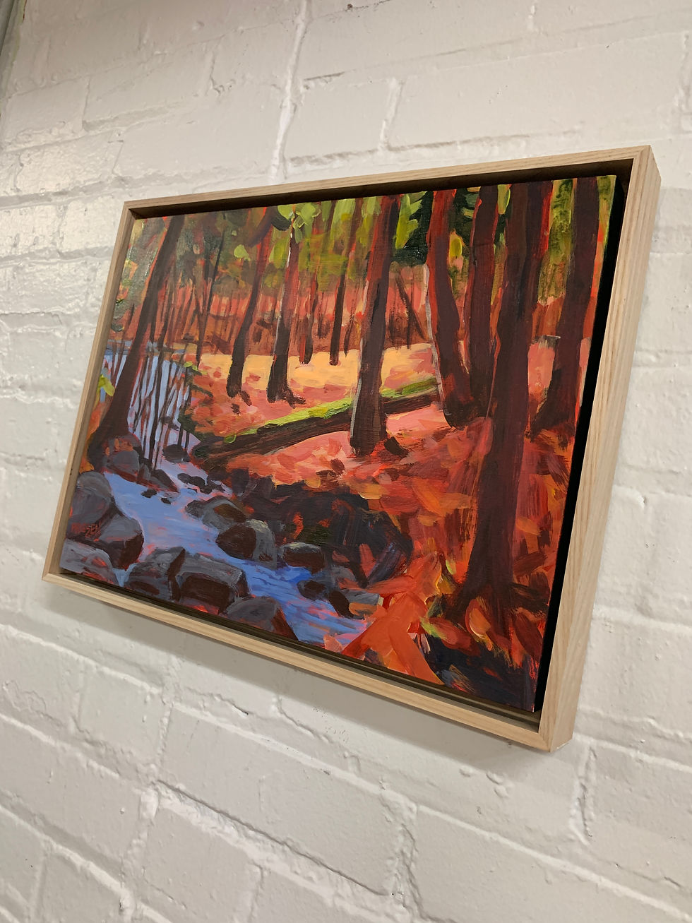 Thumbnail: side view. Cool blue pool in the midst of a warm autumn forest. Painted by Montreal artist Holly Friesen.