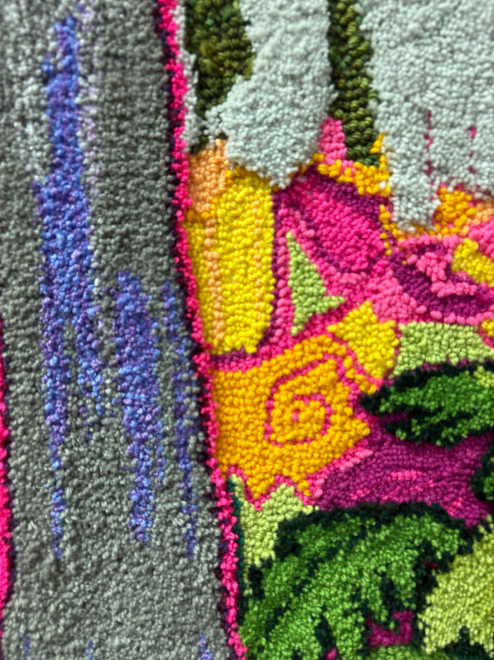 Miniature : detail of Hand-tufted wool wall hanging of vibrantly coloured forest by Montreal landscape artist Holly Friesen