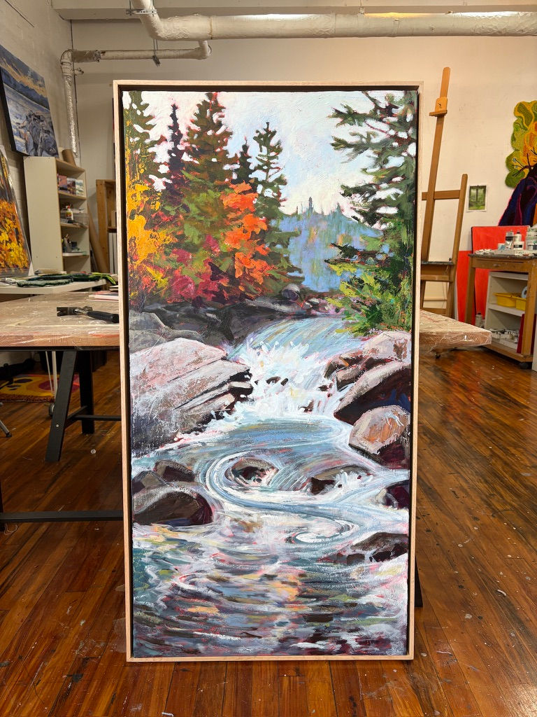 Miniature : Overall view of Vertical painting of stream pooling in a swirl by Canadian Landscape artist Holly Friesen