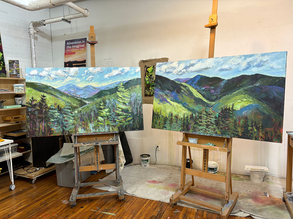 Miniature : Studio view of large horizontal landscape painting by Canadian artist Holly Friesen