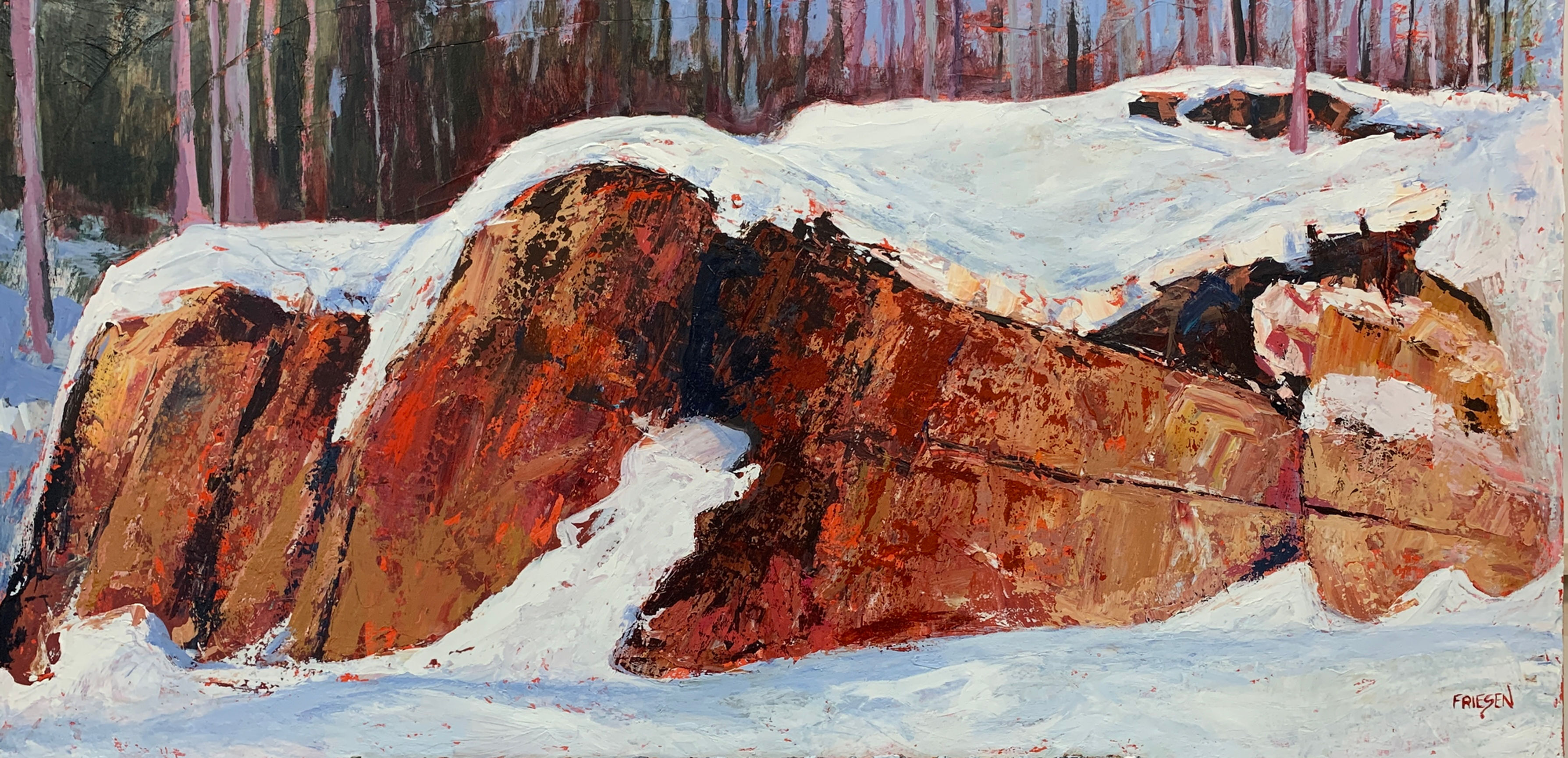 acrylic painting of snow wrapped around textured rocks by Canadian landscape painter Holly Friesen