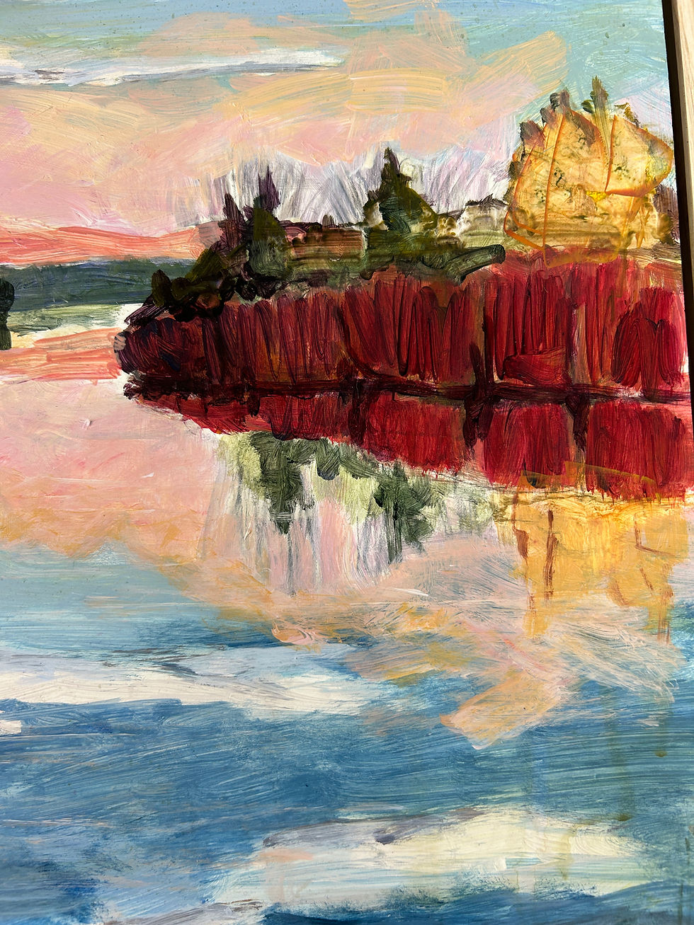 Miniature : detail of painting of reflected fall colors in a river by Canadian artist Holly Friesen