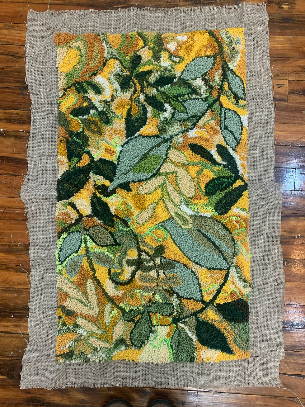 Thumbnail: overview of  garden shapes. Hand hooked by Canadian Landscape artist Holly Friesen