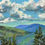 Thumbnail: Landscape painting of Clouds drifting over mountains in cool blues & greens by Canadian artist Holly Friesen