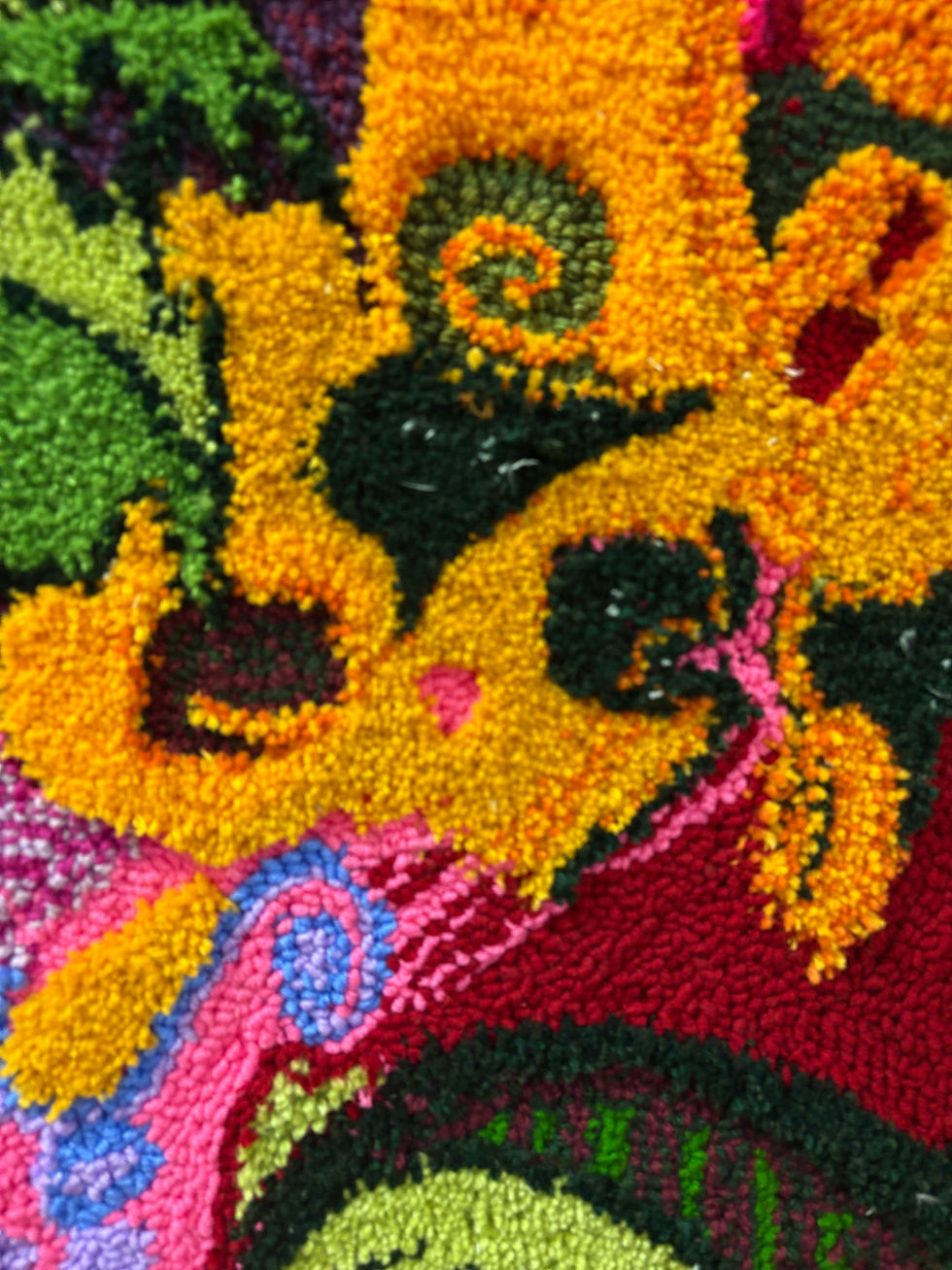 Thumbnail: detail of Hand-tufted wool wall hanging of vibrantly coloured forest by Montreal landscape artist Holly Friesen