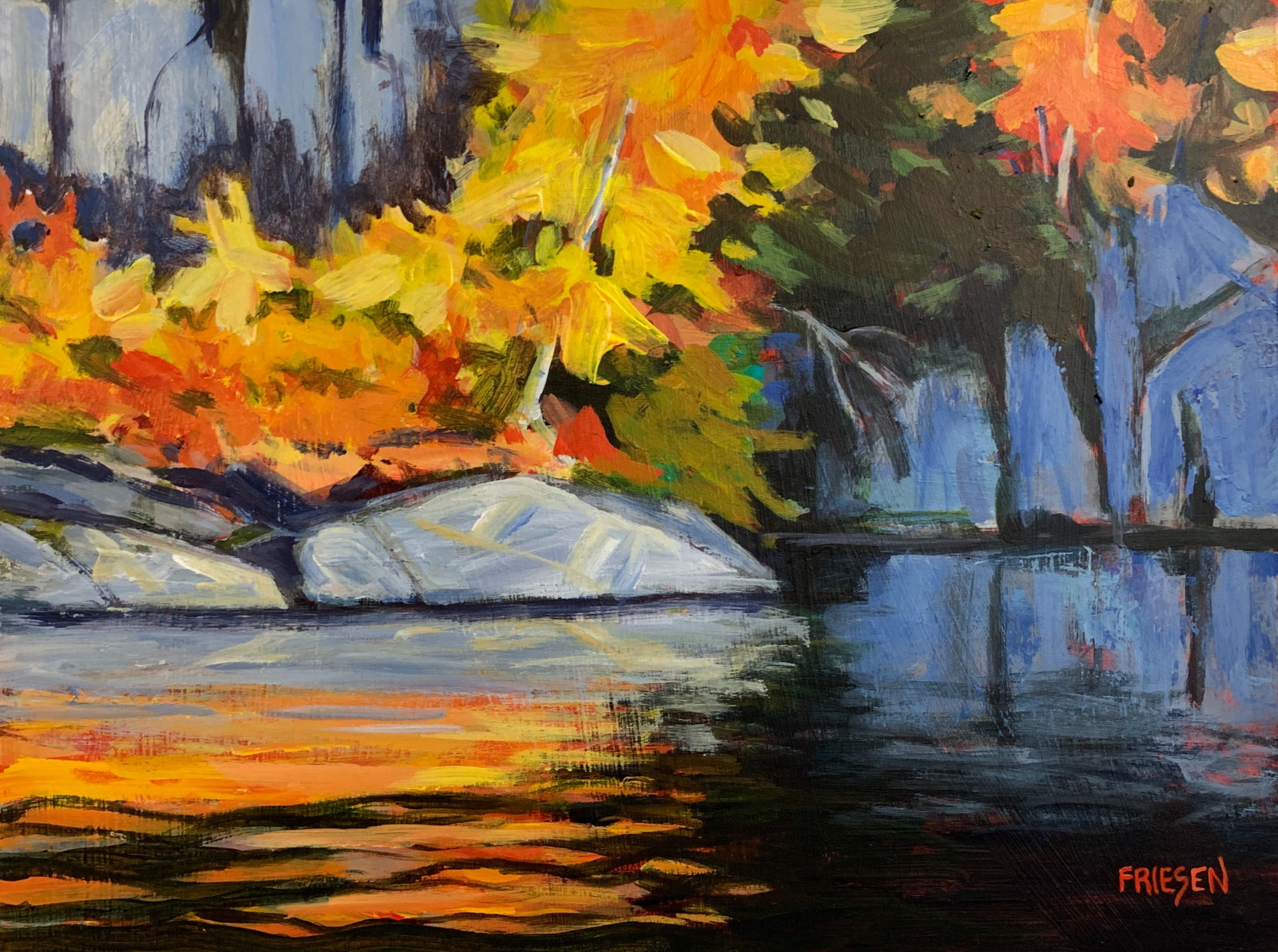landscape painting of shoreline rocks with yellow leaves reflected in water by Montreal artist Holly Friesen.