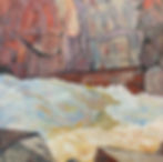 river water roaring through rock channel in spring, highly textured painting by Canadian artist Holly Friesen in Montreal