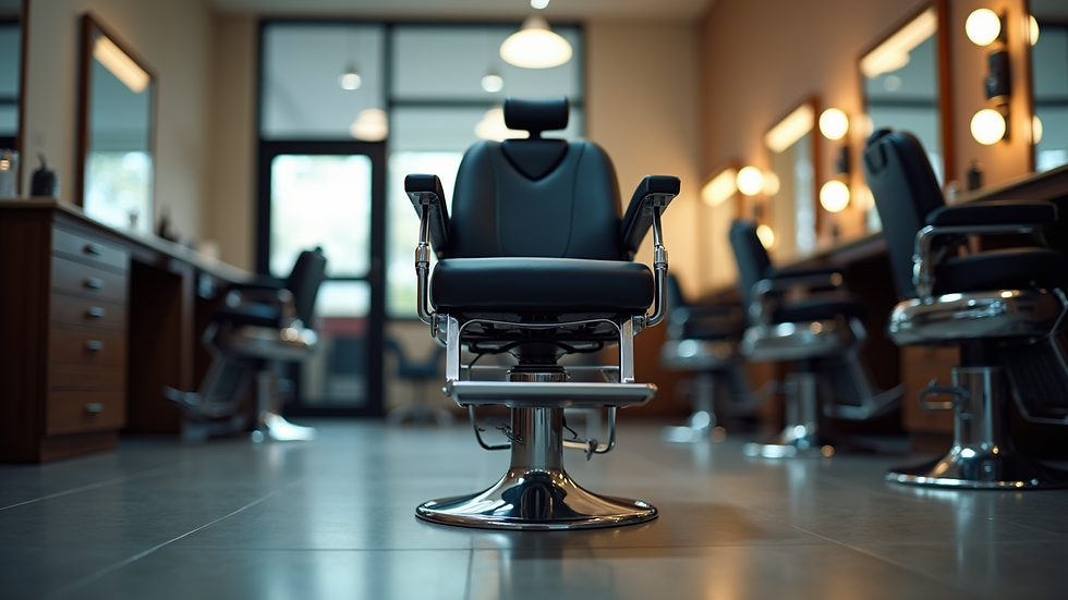 Eye-level view of a modern barber chair in a clean, stylish barber shop
