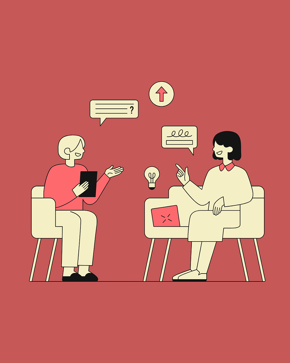 Graphic of two seated people having a discussion.