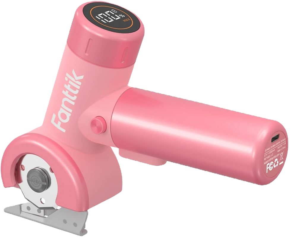 Pink Fanttik fabric cutter with a round blade and digital display. The background is transparent, emphasizing its sleek, modern design.