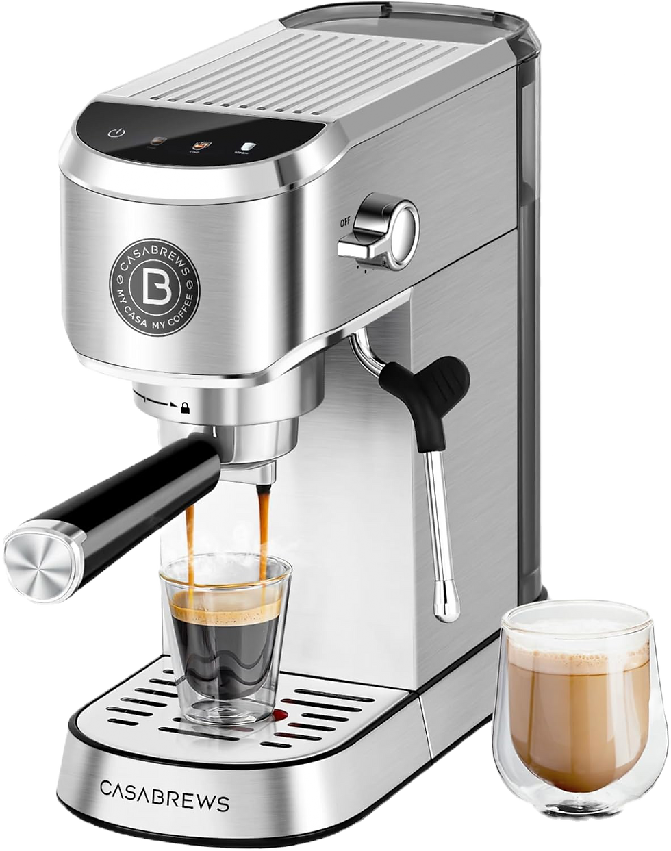 Silver espresso machine pouring coffee into a clear glass, with another glass of coffee beside it. Display shows two icons lit. "CASABREWS" text visible.