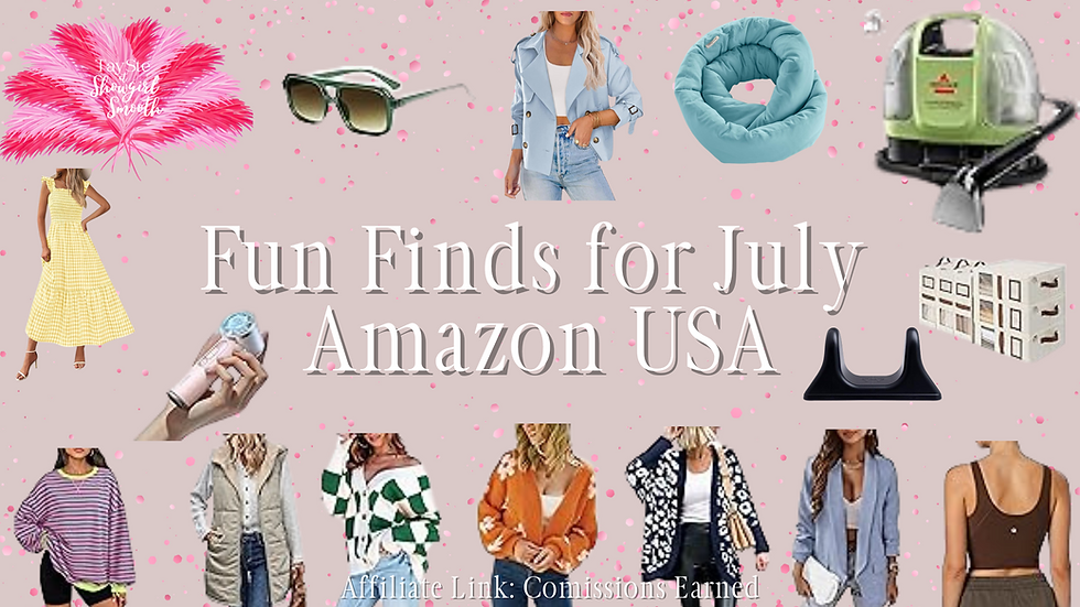 Collage of fashion items, gadgets, and home goods on a pink splatter background. Text reads "Fun Finds for July Amazon USA."
