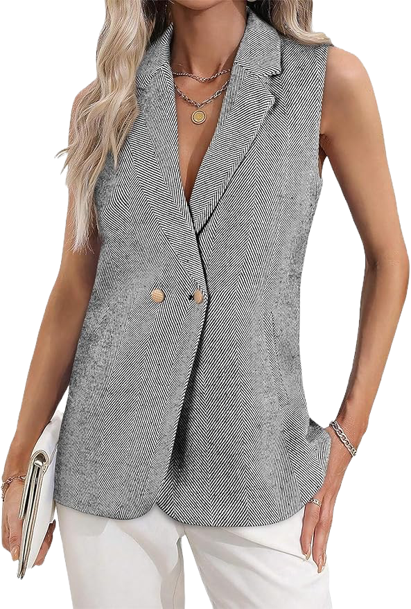 Woman in herringbone vest and white pants holds a white clutch. Background is black with pattern. Wavy blonde hair, silver necklace.