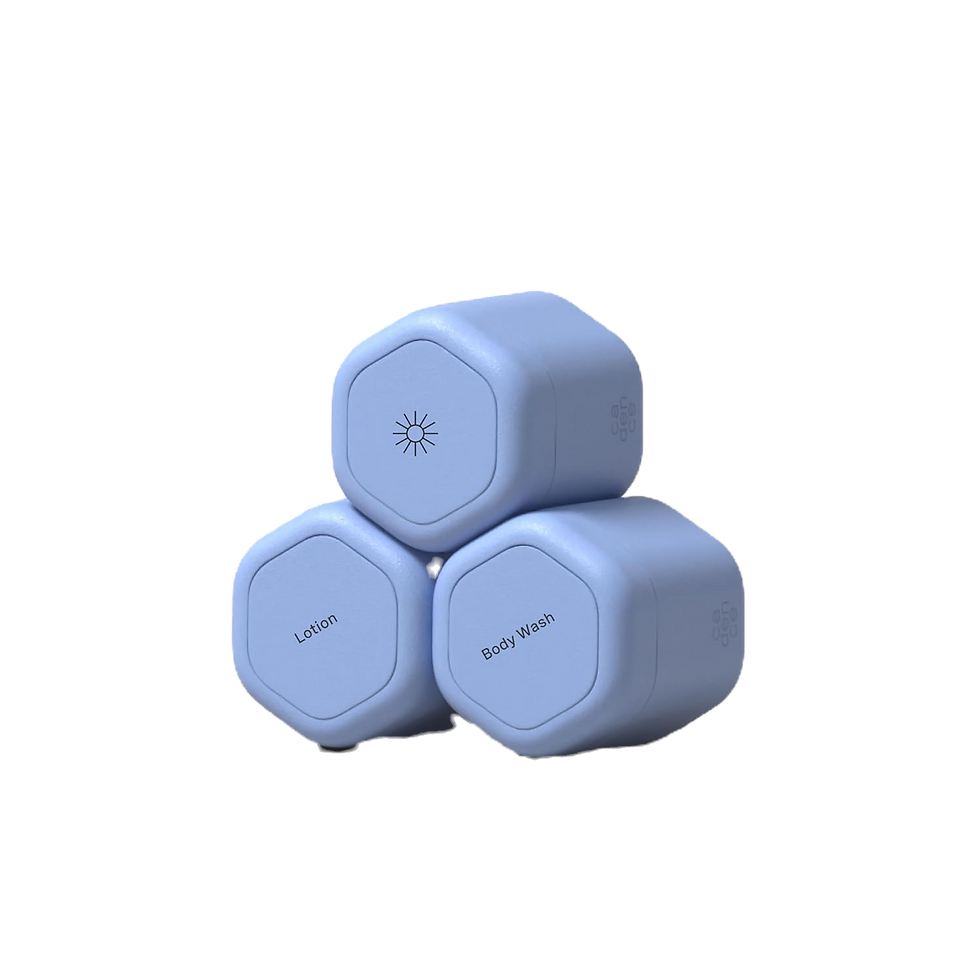 Three hexagonal light blue containers labeled Lotion, Body Wash, and with a sun symbol, stacked on a textured dark background.