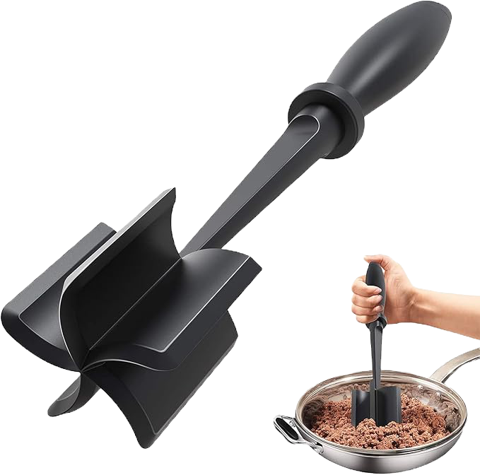 Black plastic meat chopper with ergonomic handle shown in use, mashing ground meat in a silver pan. Close-up detail emphasized.