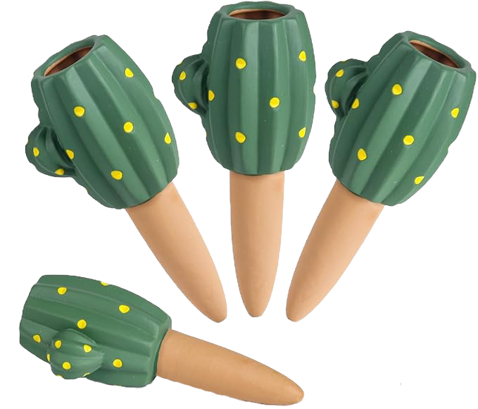 Four ceramic cactus-shaped plant watering spikes with green tops and yellow dots, laying on a white background.