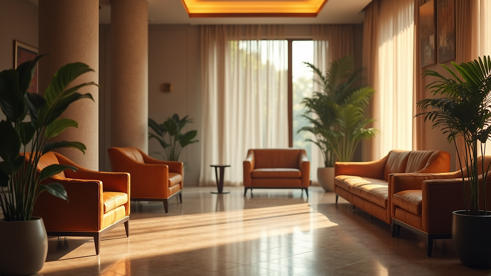 Close-up view of a plush waiting area with soft lighting and elegant furniture