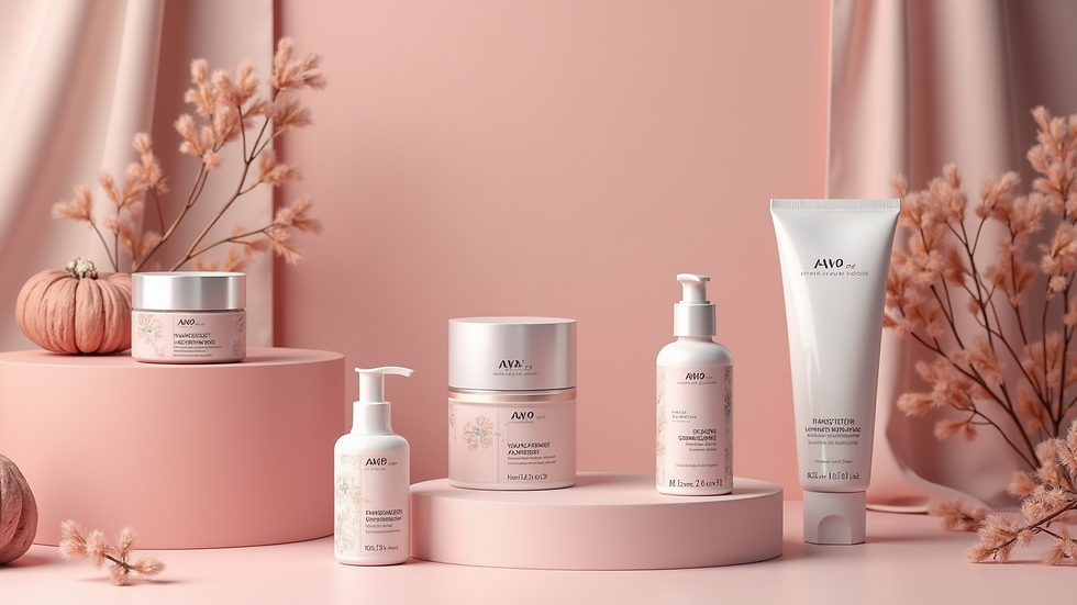 High angle view of a luxury skincare product display with elegant packaging