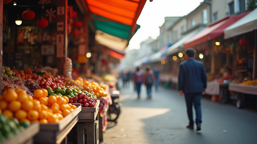 Eye-level view of a vibrant outdoor market with colorful stalls