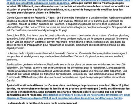 OTAGE VENEZUELA - SAMEDI 20 SEPTEMBRE 2025 : Un rassemblement à Toulouse pour Camilo Castro