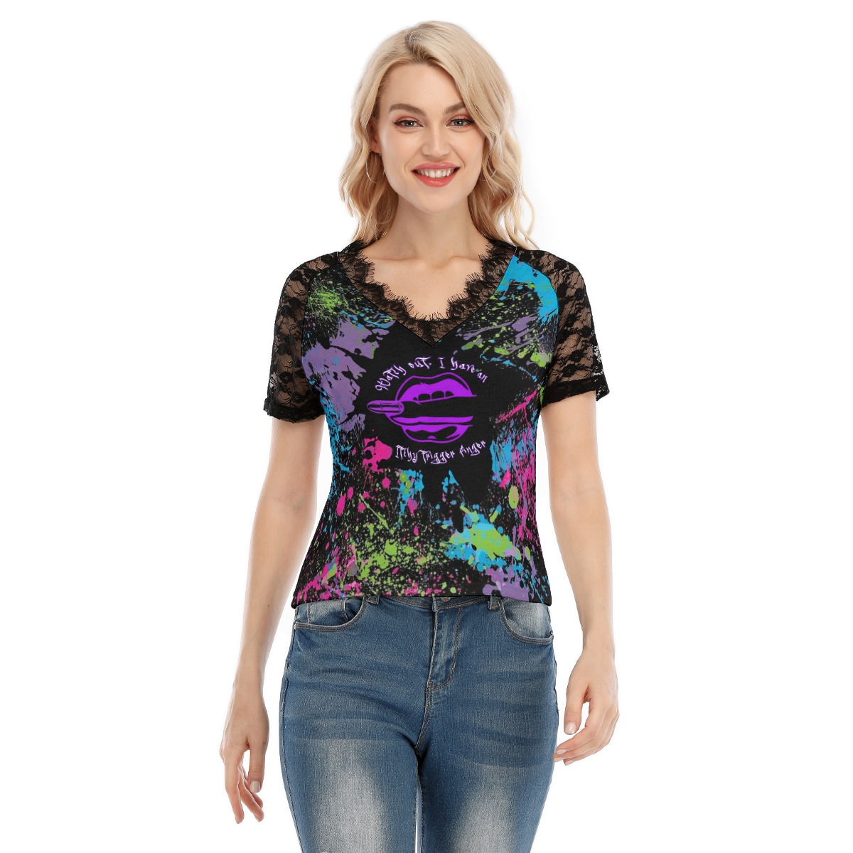 Trigger Finger V-neck T-shirt With Lace (Gun Runner Princess)