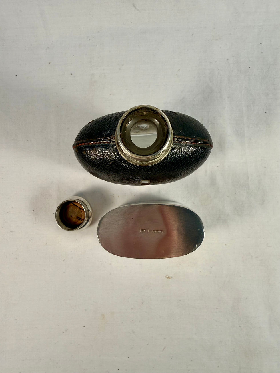 Thumbnail: Antique, English, Leather, Glass, and Silverplate Hip Flask