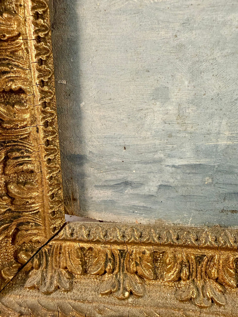 Thumbnail: Antique, French, Oil on Board River Scene, Framed