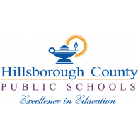 Hillsborough County Public Schools Logo. Blue lamp behind a gold sunburst. Says "Hillsbourgh County Public Schools Exellence in Education"