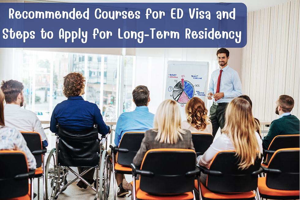 Classroom setting with an instructor presenting information about ED Visa to an audience of international students