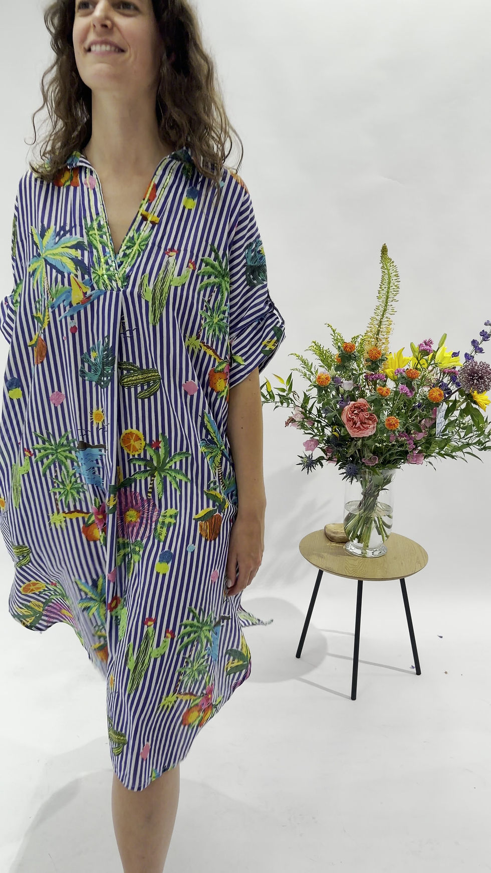 Thumbnail: Katoenen kleedje met print en streepjes Miss-Terre