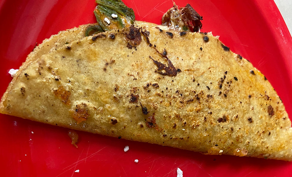 A folded, grilled tortilla with cheese and greens inside on a bright red plate, displaying crispy brown spots. 