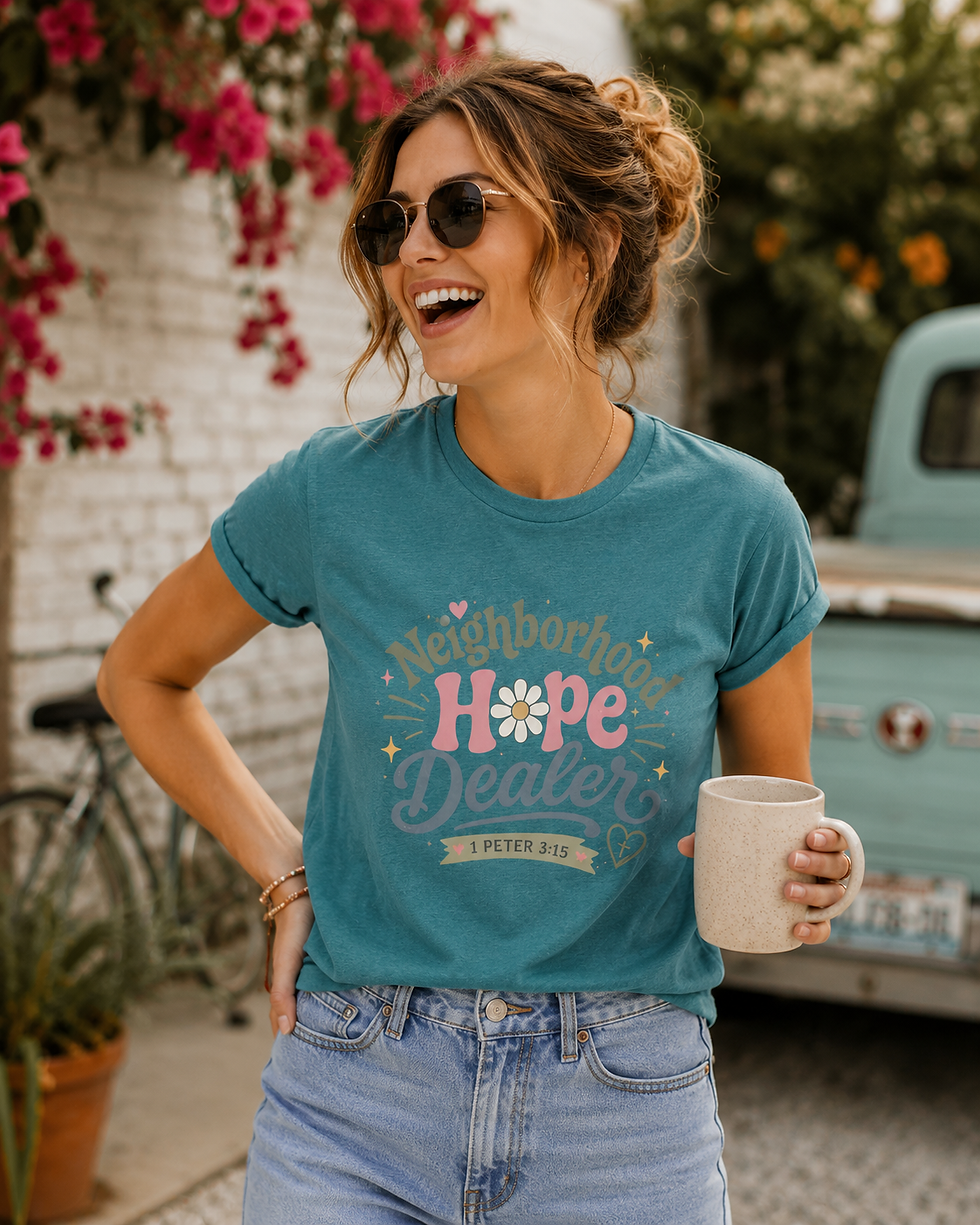 Thumbnail: Neighborhood Hope Dealer Shirt | 1 Peter 3:15 Retro Daisy Christian T-Shirt
