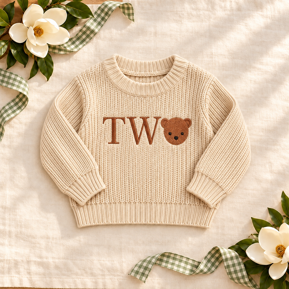 Bear Two Second Birthday Sweater on ivory linen with magnolias and sage gingham ribbon
